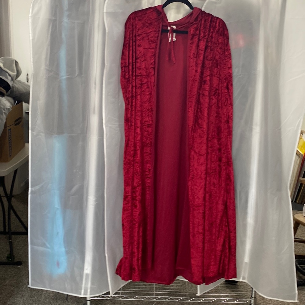 Red floor length hooded cape